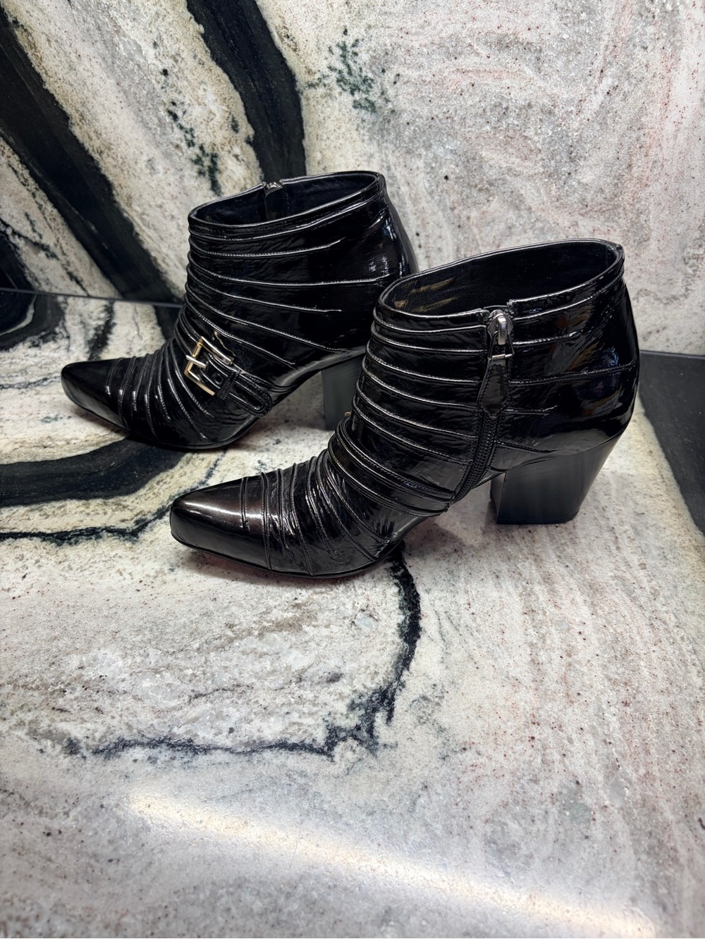 Silvano Lattanzi Black Patent Leather Buckle Ankle Boots Heels Size 38 Italy